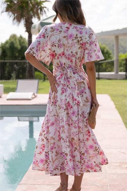 Printed V-neck Waist Short Sleeve Midi Dress