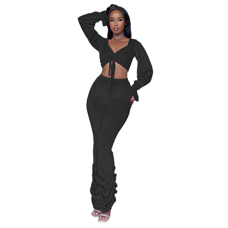 Autumn Winter Korean Velvet Flared Sleeve Pleated Pile Pants Suit – Outfit