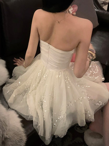 Y2k Strapless Mini Dress Mesh Sequins Birthday Party A-line Spring Summer Princess Dress Wedding Prom Vestidos New