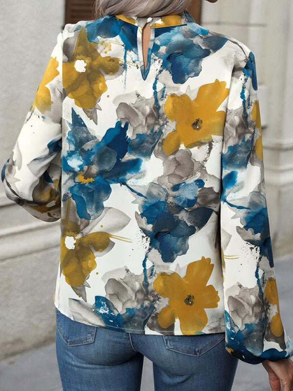Long Sleeves Loose Elasticity Flower Print Pleated Mock Neck Blouses&shirts Tops