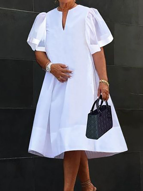 A-line Loose Mesh Pleated Color Split-joint V-neck Midi Dresses