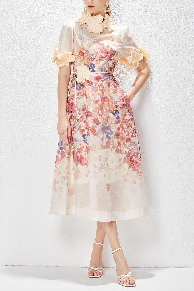 Round Neck Lace Up Short Sleeve Midi Dress