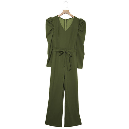 Spring Autumn Long Sleeved Color Jumpsuit Lace Up Waist Wide Leg Pants – Outfit