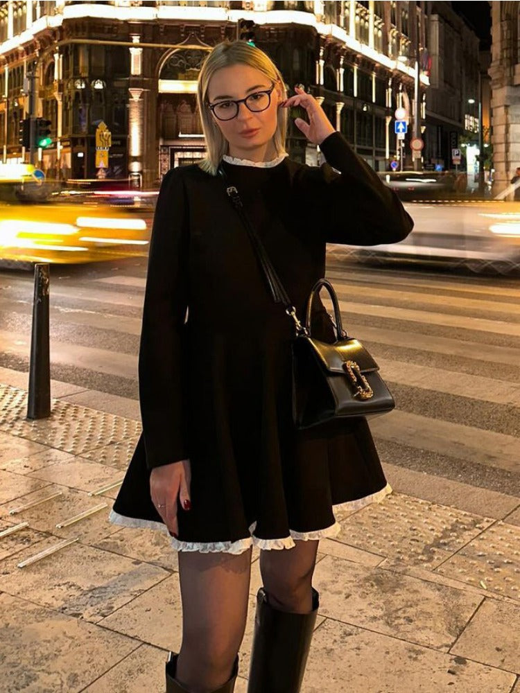Taruxy Splice Lace Mini Dress for High Waist Slim Dresses Femme Wedding Retro Temperament Dress Clothes New