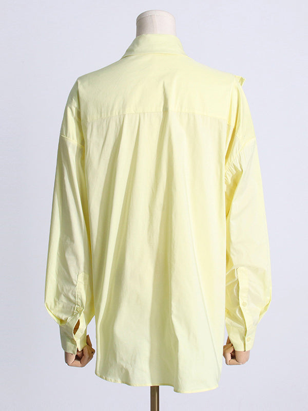 Long Sleeves Loose Asymmetric Buttoned Pleated Color Split-joint Three-dimensional Flower Lapel Blouses&shirts Tops
