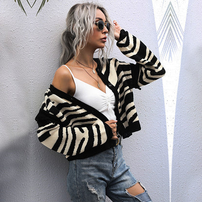 Autumn Idle Zebra Pattern Cardigan Knitted Sweater Short Coat