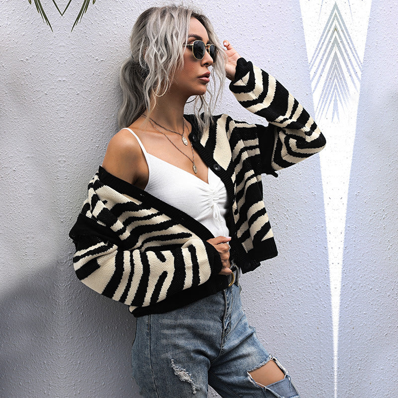 Autumn Idle Zebra Pattern Cardigan Knitted Sweater Short Coat