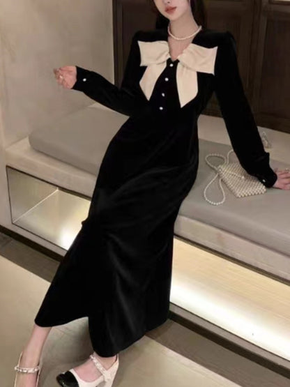 ’s Velvet Midi Dress Autumn Spring Bow Design V-neck Long Sleeve A-line French Evening Party Prom Robe Vestidos New