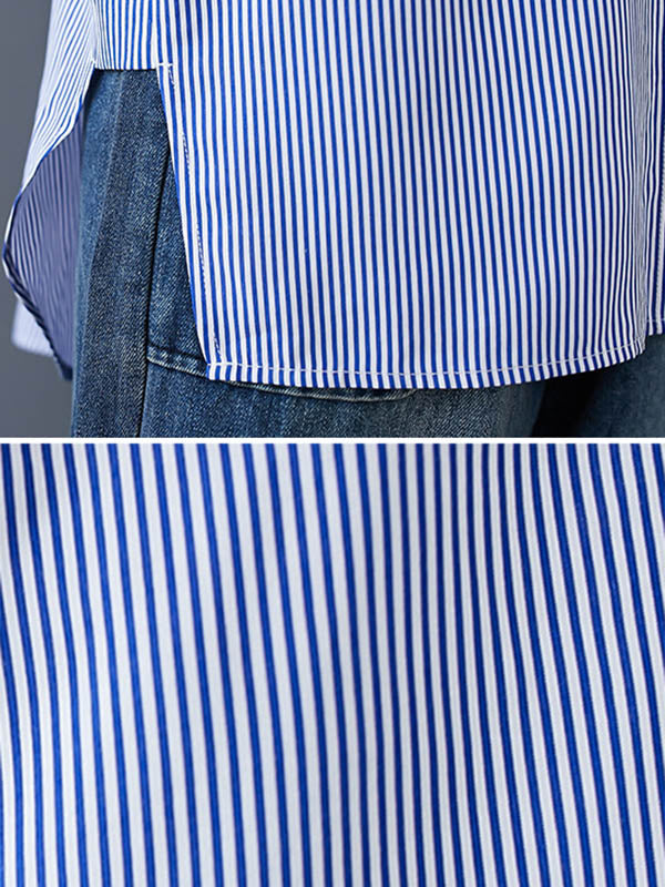 Loose Striped Split-joint With Pocket Lapel Collar Long Sleeves Blouse
