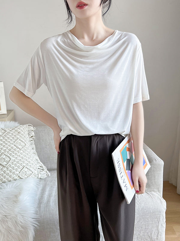 Short Sleeves Pleated Color Heaps Collar T-shirts Tops