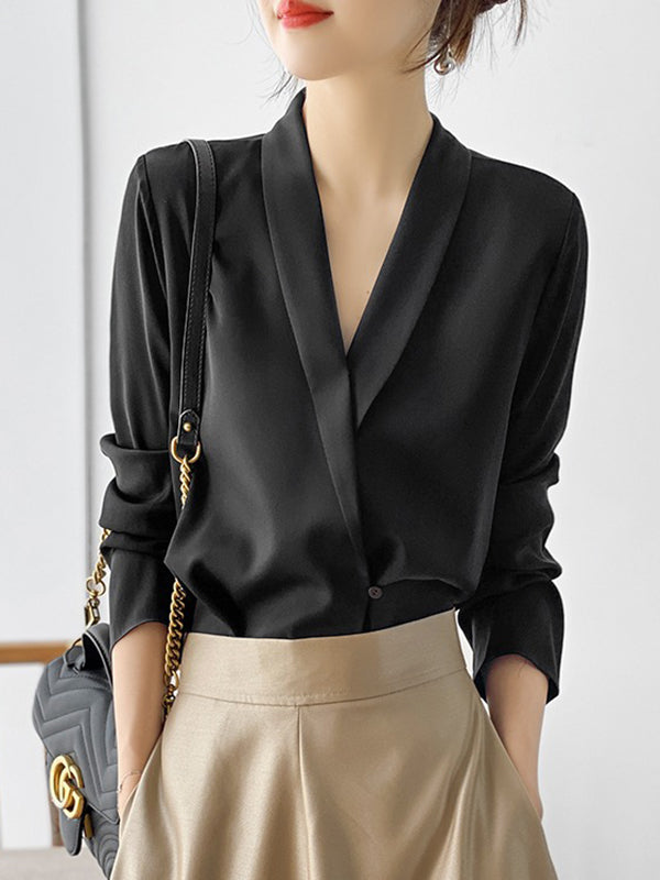Long Sleeves Loose Color V-neck Blouses&shirts Tops