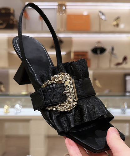 French Chunky Heel Sandals Peep Toe Black Cowhide Leather Oi079