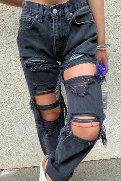 Ripped Mid Waist Straight Denim