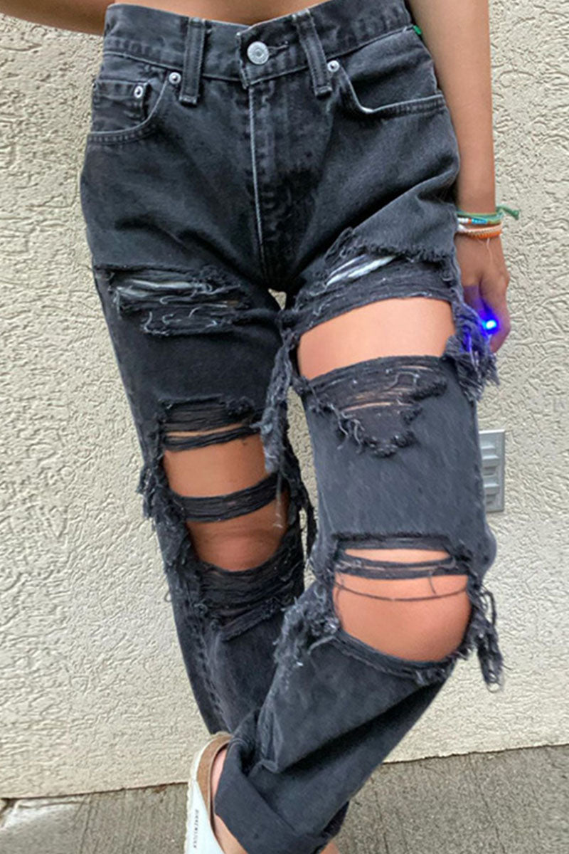 Ripped Mid Waist Straight Denim