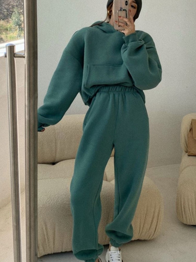 Spring Fleece Cotton 2 Pieces Sets Hoodies Sweatshirt Tracksuit Pullover Female Pants Suits Plus Sport Home Outfits