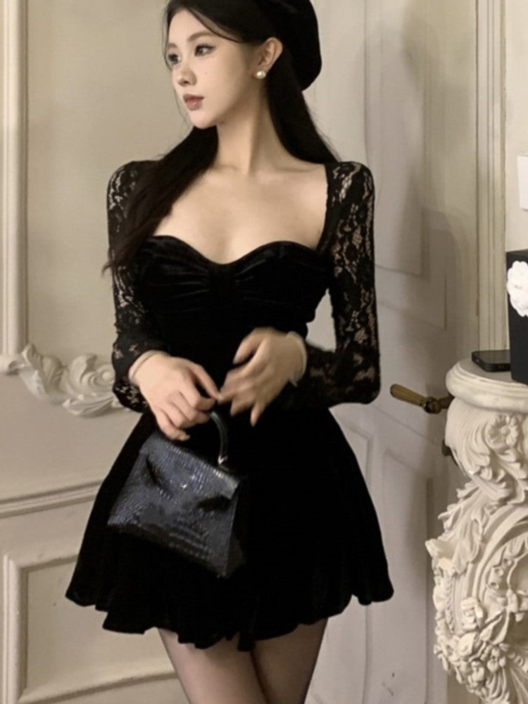 Velet Mini Dress Mesh Pactwork Long Sleeves Square Collar High Waist A-line Autumn Spring Evening Party Vestidos New