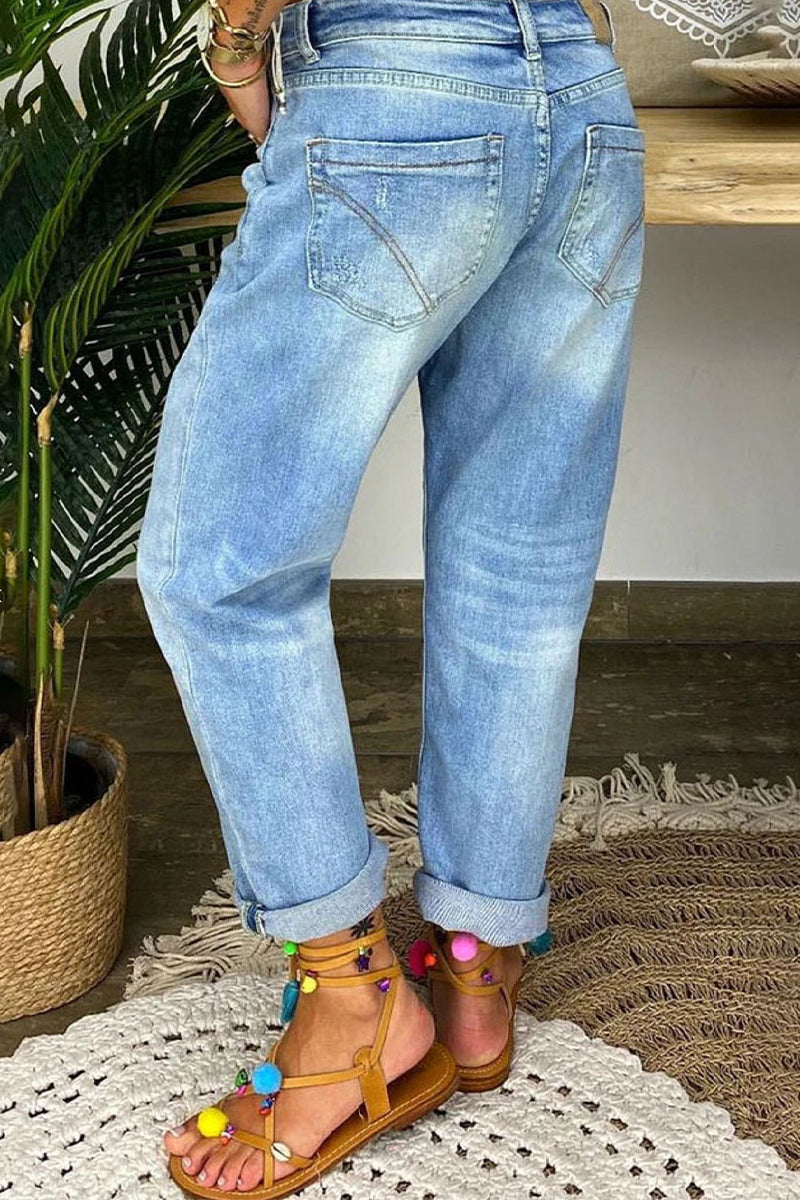 Street Patchwork Ripped High Waist Denim Jeans