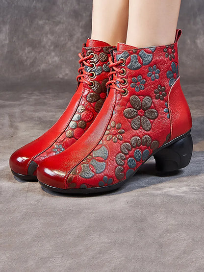 Retro Leather Flower Print Chunky Heel Boots