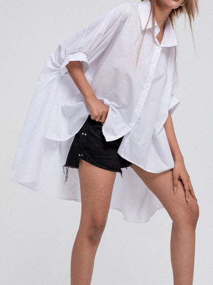 Batwing Sleeves High-low Color Lapel Blouses&shirts Tops