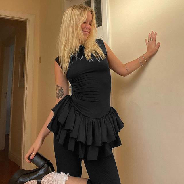 Taruxy Ruffles Splice Vest Mini Dress for Sleeveless Slim Fit Color Hot Girl Club Party Dress Female