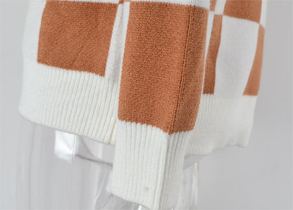 Autumn Winter Plaid Sweater Stitching Cardigan Top Knitted Coat Tide