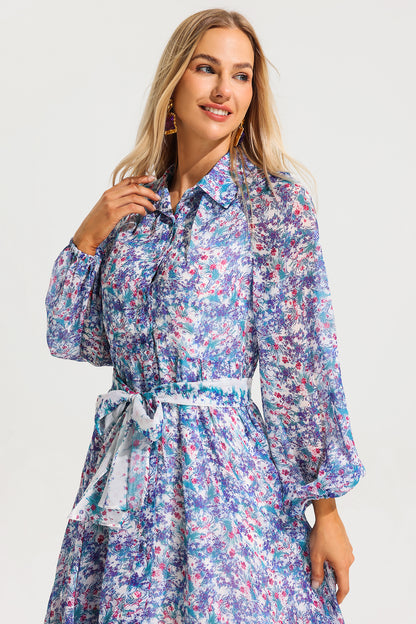 Lantern Sleeve Lapel Midi Dress