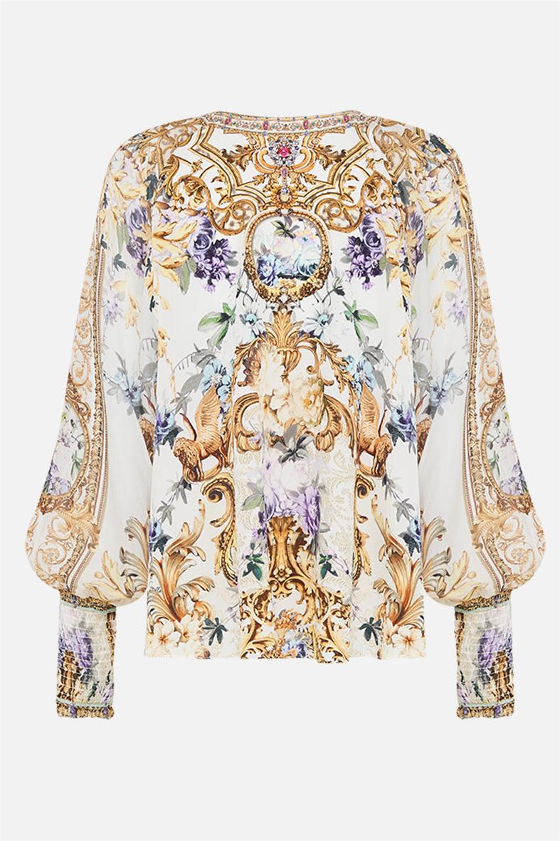 Palace Print Rhinestone Lantern Sleeve Top & Hight Waist Short Set With Belt