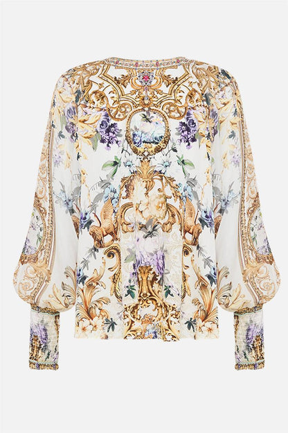 Palace Print Rhinestone Lantern Sleeve Top & Hight Waist Short Set With Belt