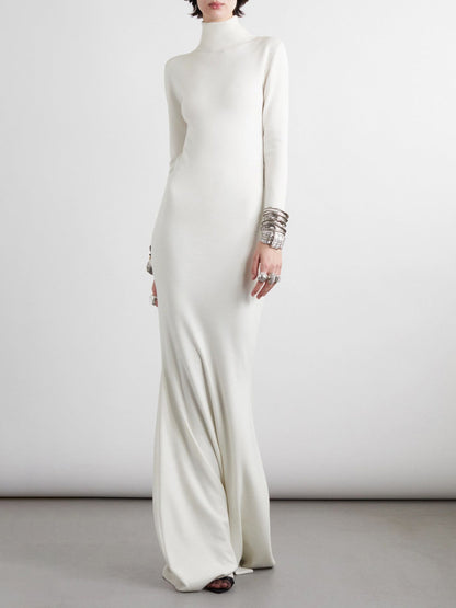 Long Sleeves Skinny Color High Neck Maxi Dresses