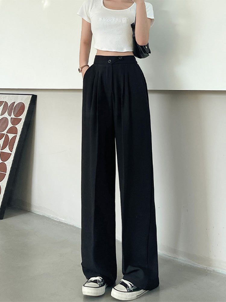 Wide Office Trousers for High Waist White Straight Stacked Pants With Pockets Double-button Classic ’s Trousers