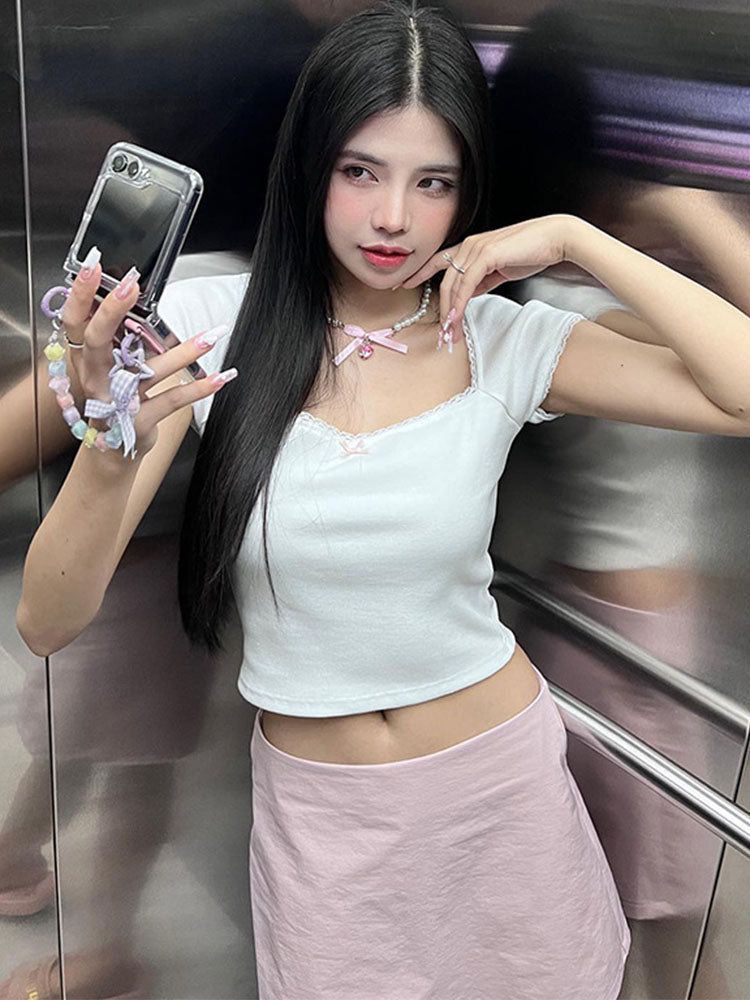 Taruxy Lace Bandage Shirts for Summer Pink Crop Tops Street Bodycon Lace-up Tank Top New