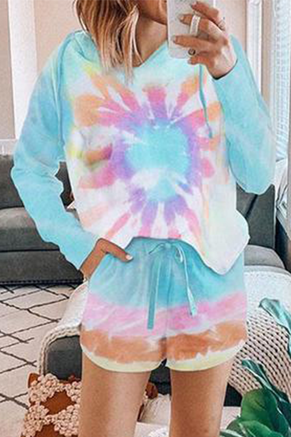 Print Make Old Draw String Hooded Collar Long Sleeve Two Pieces