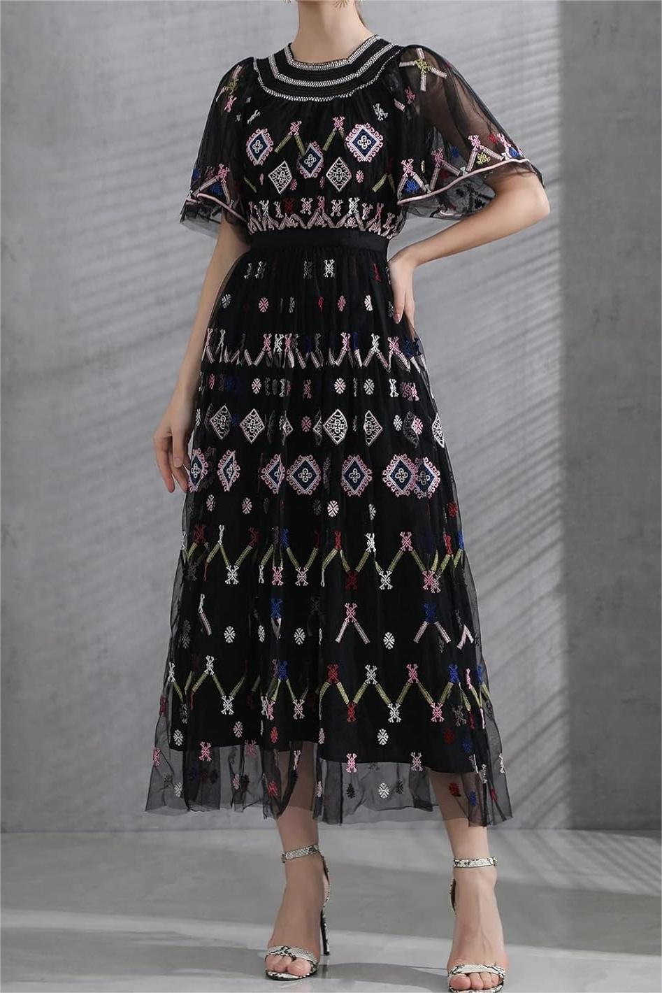 Mesh Embroidered Smocking Midi Dress