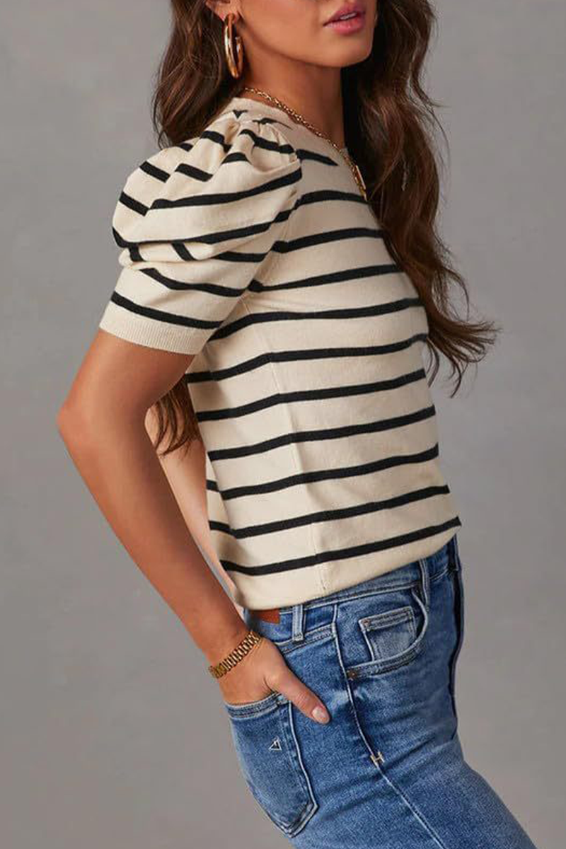 Stripe Ruched Weave O Neck T-shirts(5 Colors)