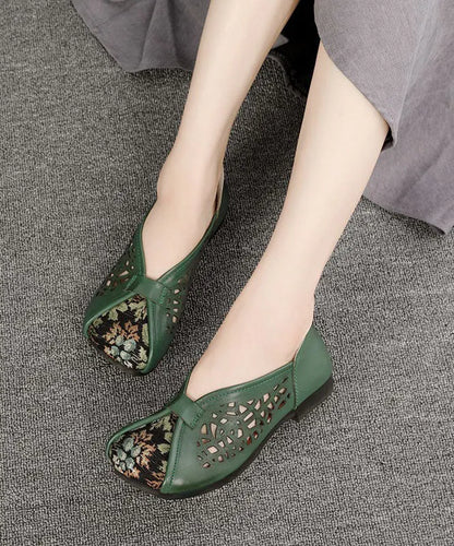 Green Hollow Out Cowhide Leather Flat Shoes for Splicing Flats