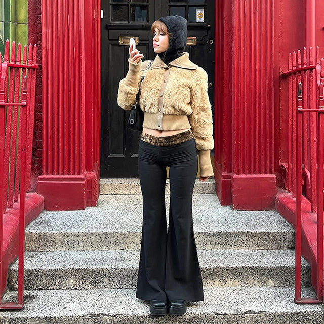 Cutenova Fashionable Leopard Print Patchwork Low Waist Flared Pants for to Slim Down Spring Color Pant
