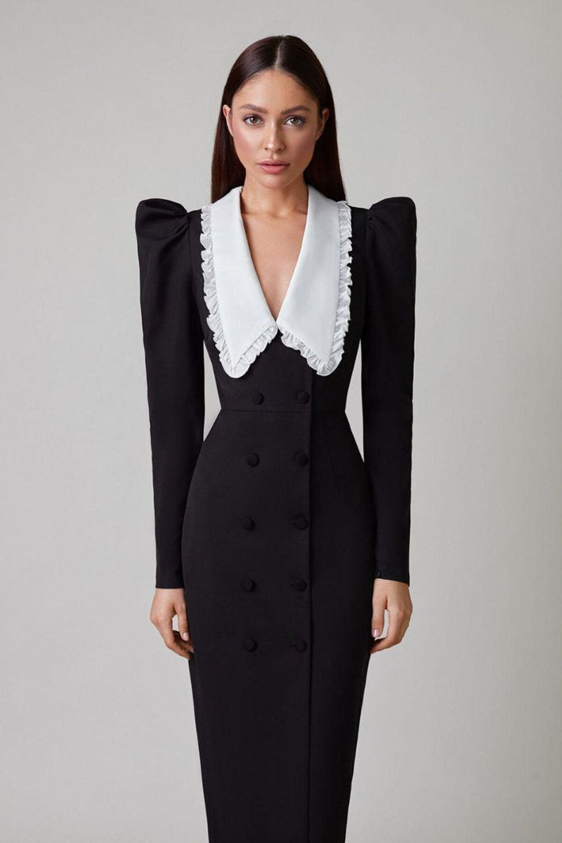 Ruffled Swallow Contrasting Collar Long Sleeve Split Midi Dress