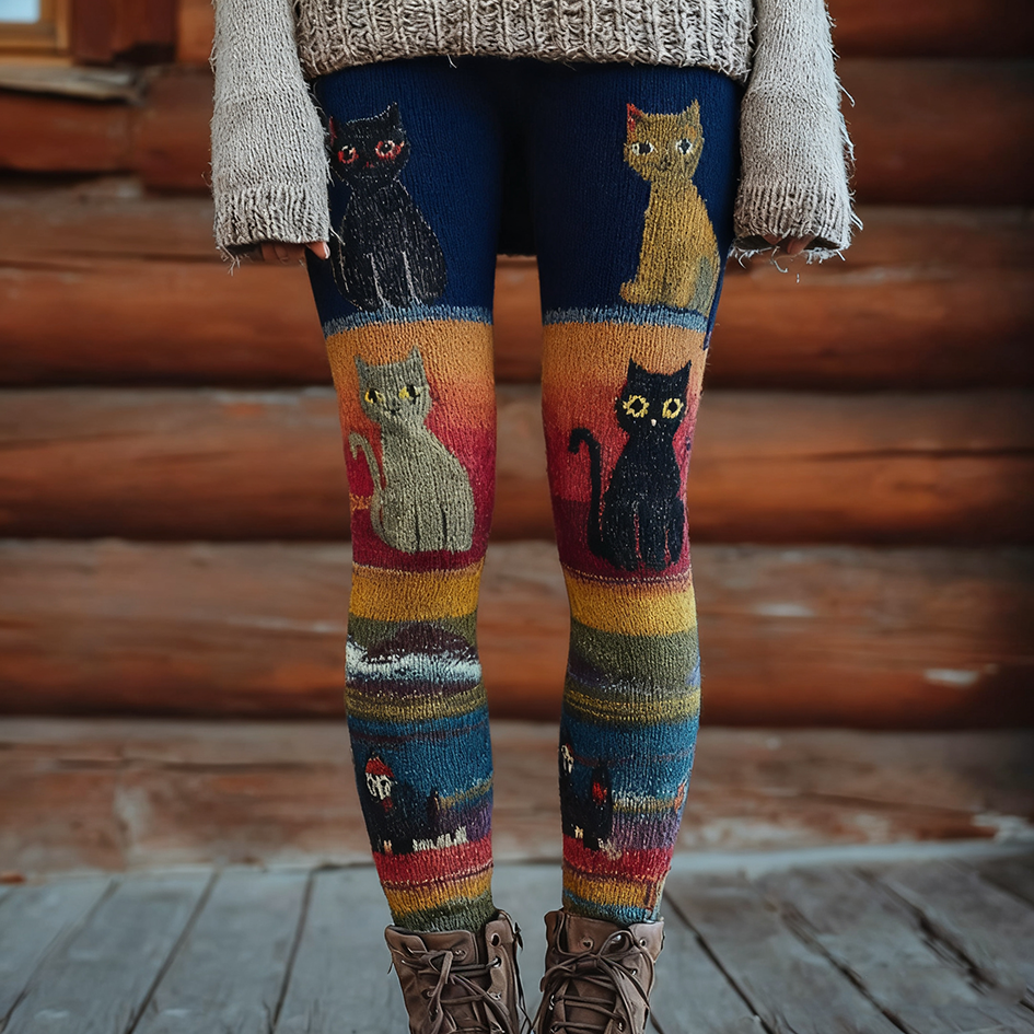 Christmas Fun Cat Knitting Tight-fitting Leggings artswardrobe