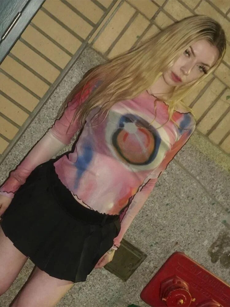 Y2k Long Sleeve Crop Top Grunge Fairycore Tie Dye Print Long Sleeve T Shirts 2000s Clothes Mesh Tee