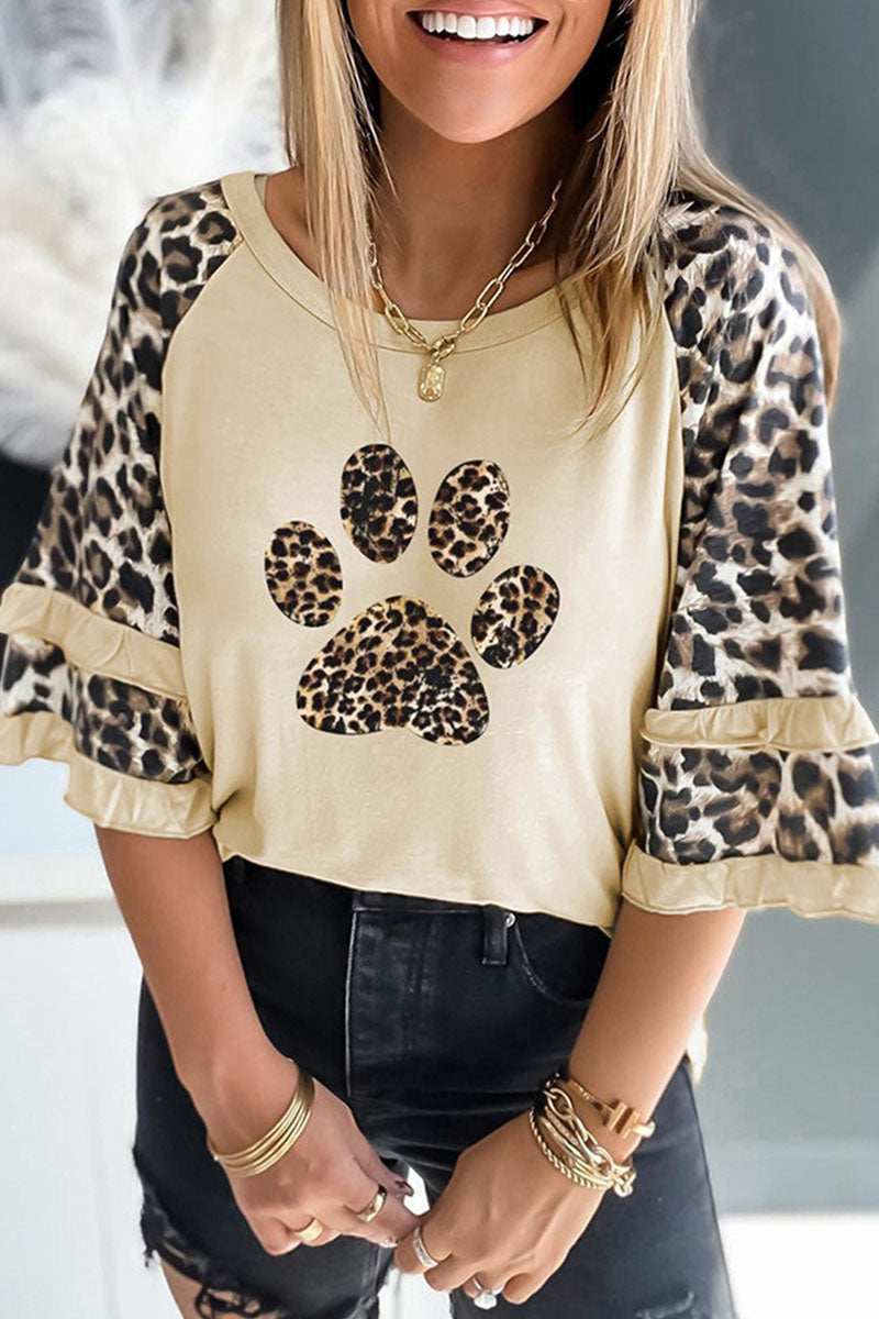 Print Leopard Patchwork O Neck T-shirts(5 Colors)