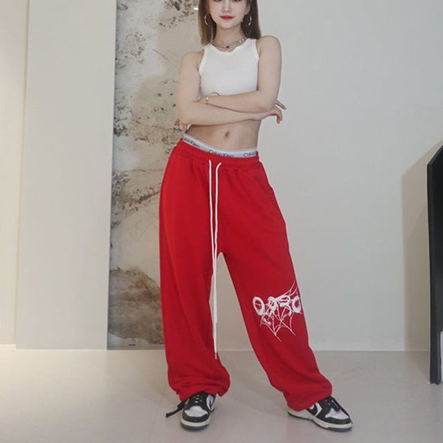 High Street Drawstring Loose Versatile Pants Jazz Dance Hiphop Print High Waist Sweatpants ’s Street Trousers