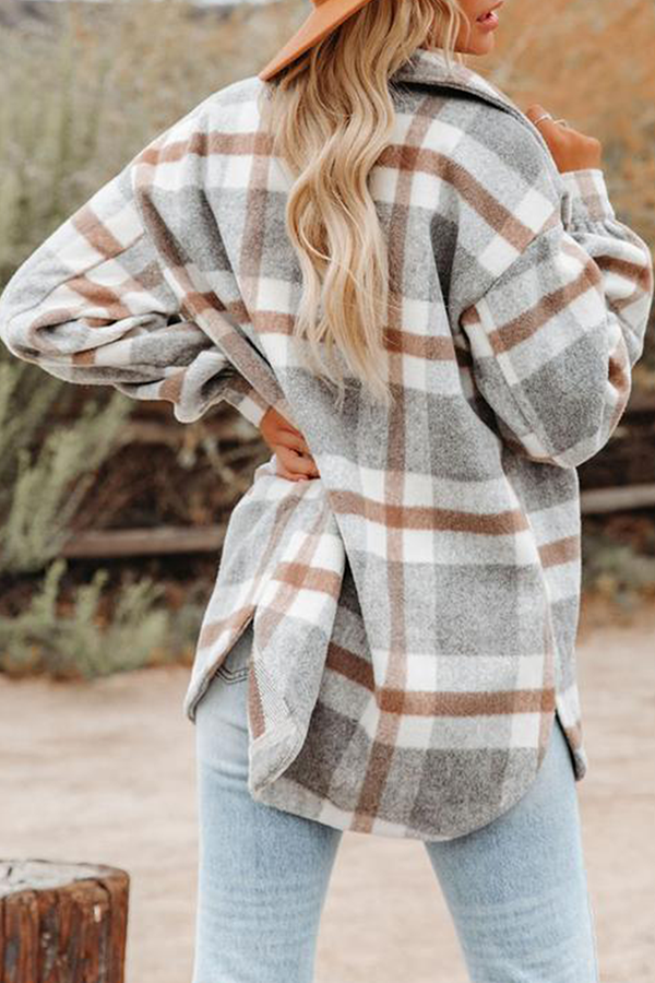 Plaid Pocket Buckle Turndown Collar Outerwear(8 Colors)