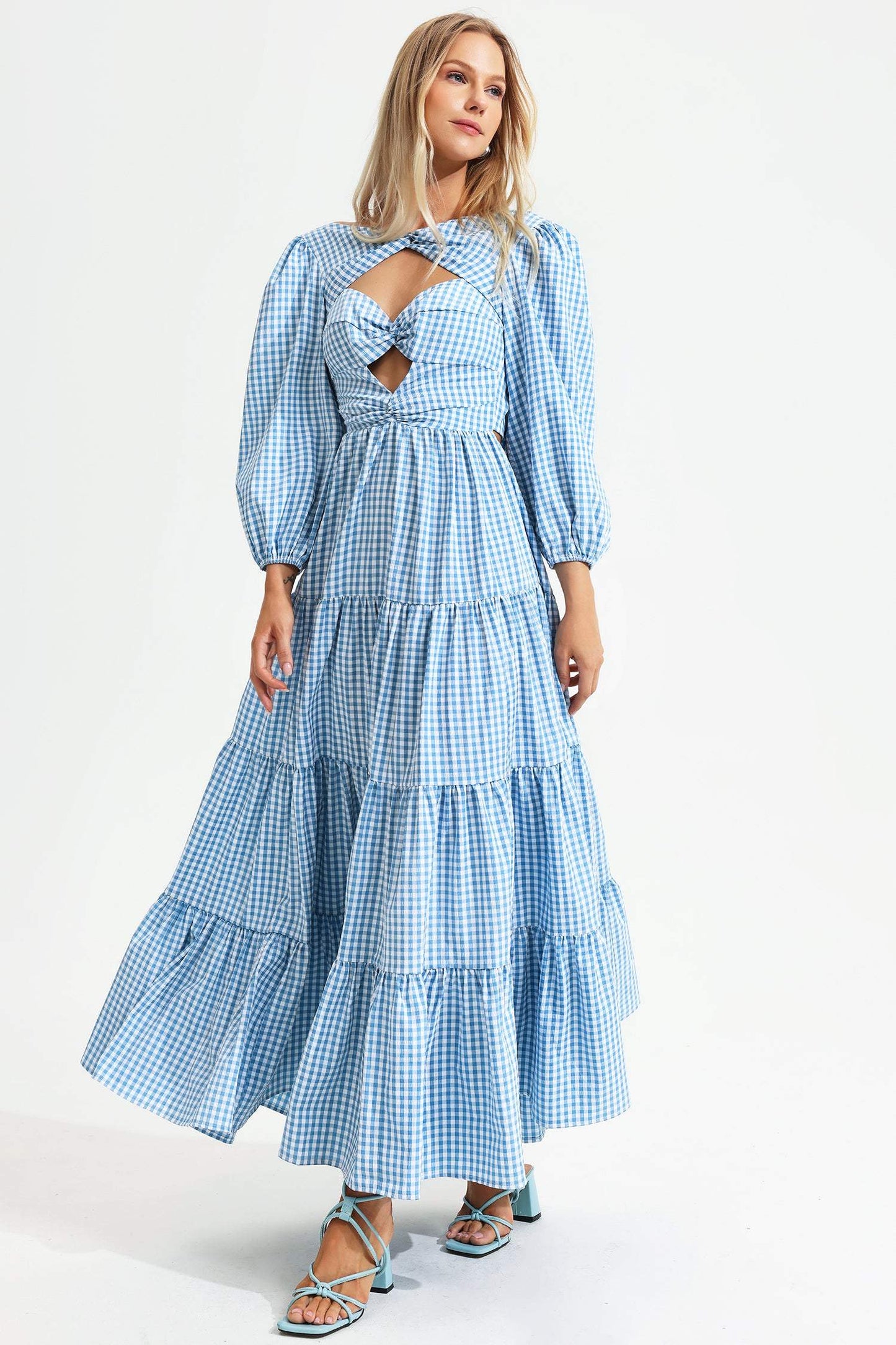 Puff Sleeve Cut-out Tiered Ruffle Hem Backless Maxi Dress