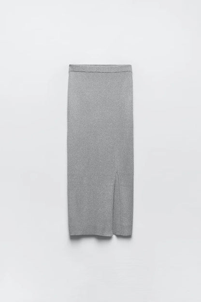 Autumn All Match Metal Thread Knitted Midi Skirt Knit Blouse