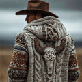 Men's Vintage Western Bull Skull Chunky Cozy Knit Hooded Cardigan elevenforest