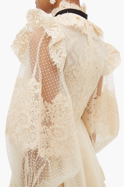 Lantern Sleeve Pussy-bow Lace Mini Dress