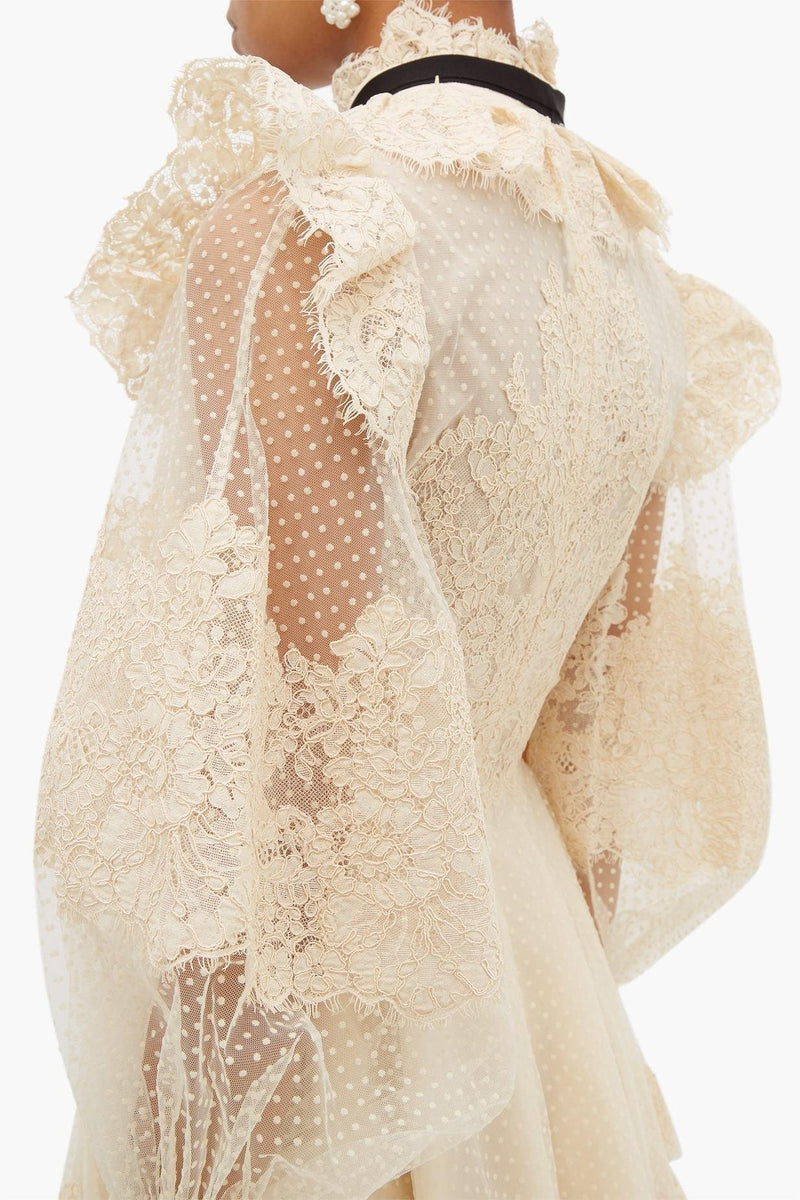Lantern Sleeve Pussy-bow Lace Mini Dress