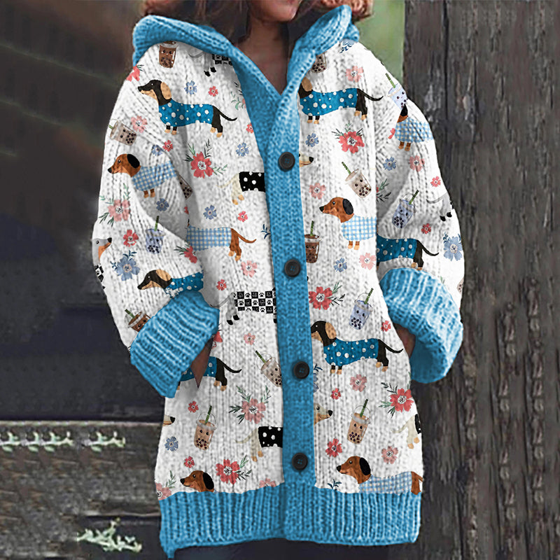 Comstylish Dachshund Art Print Casual Knitted Hooded Cardigan