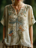 Vintage Cotton And Linen Dragonfly And Vine Pattern Worn-out V-neck Short-sleeved T-shirt artswardrobe