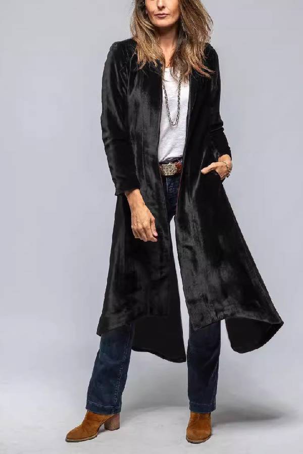 Velvet Long Loose Pocket Slit Coat
